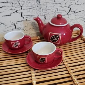 Charming Vintage Asian Nature Inspired Ceramic Teapot and Two Cups/Saucers Set